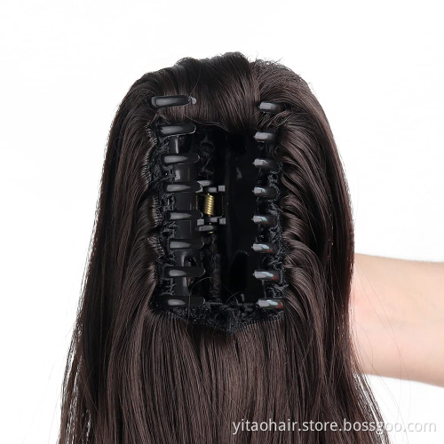 Long Wavy Dark brown  Ponytail Claw Hair 24 Inch Long Wave Ponytail Extension Synthetic Wrap Around Drawstring Hair with 1Clips